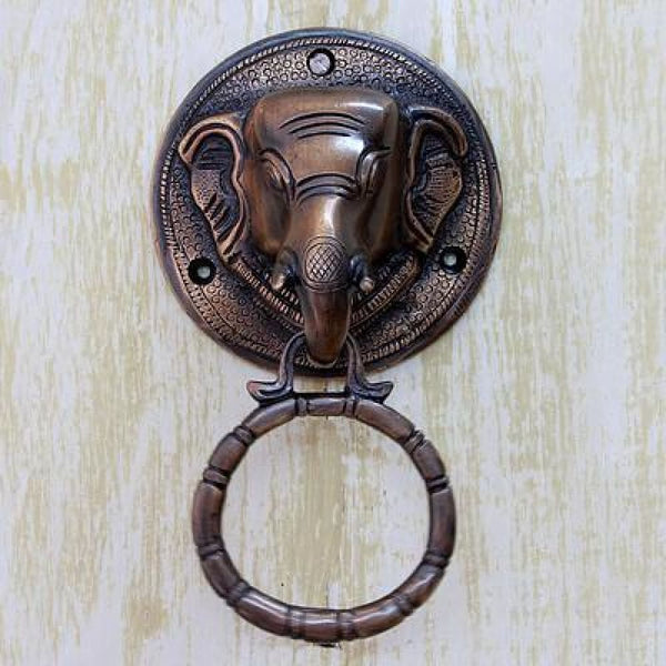 Indian-Shelf Elephant Brass Door Knocker - Gold Door Decorations - Georgion  Door Accessories - 19 Cm