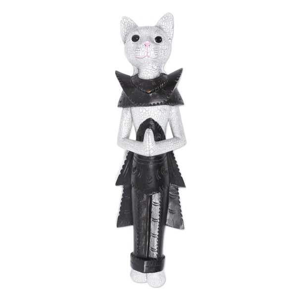 Standing Wood Kitten Figurine in Grey and White from Bali